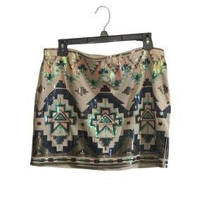Express Med Sequin Mini Skirt Tribal Aztec Pattern Stretch Mini Party Festival